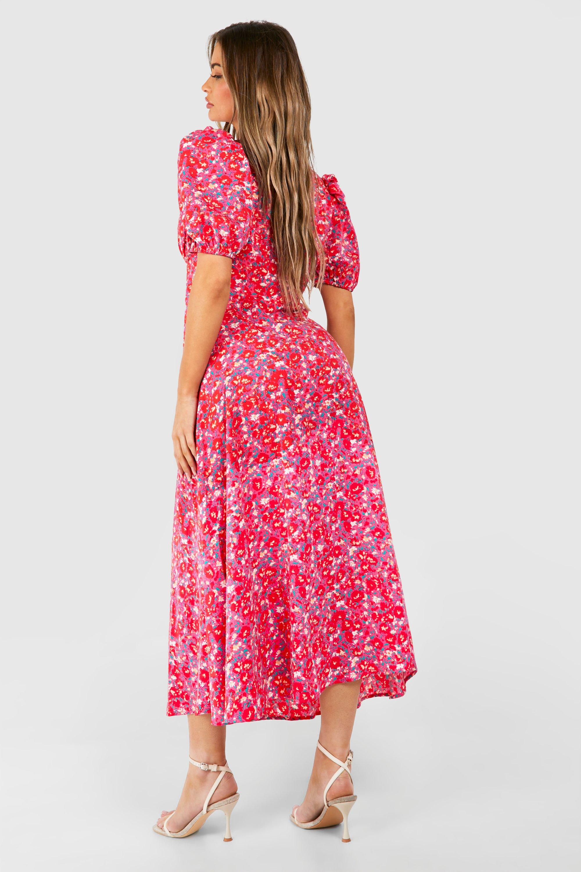 Floral Puff Sleeve Button Through Midi Dress boohoo NZ