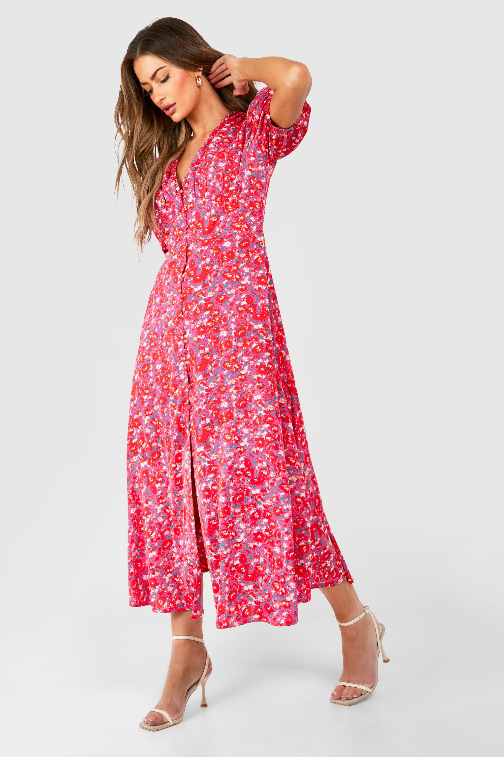 Floral Puff Sleeve Button Through Midi Dress boohoo NZ
