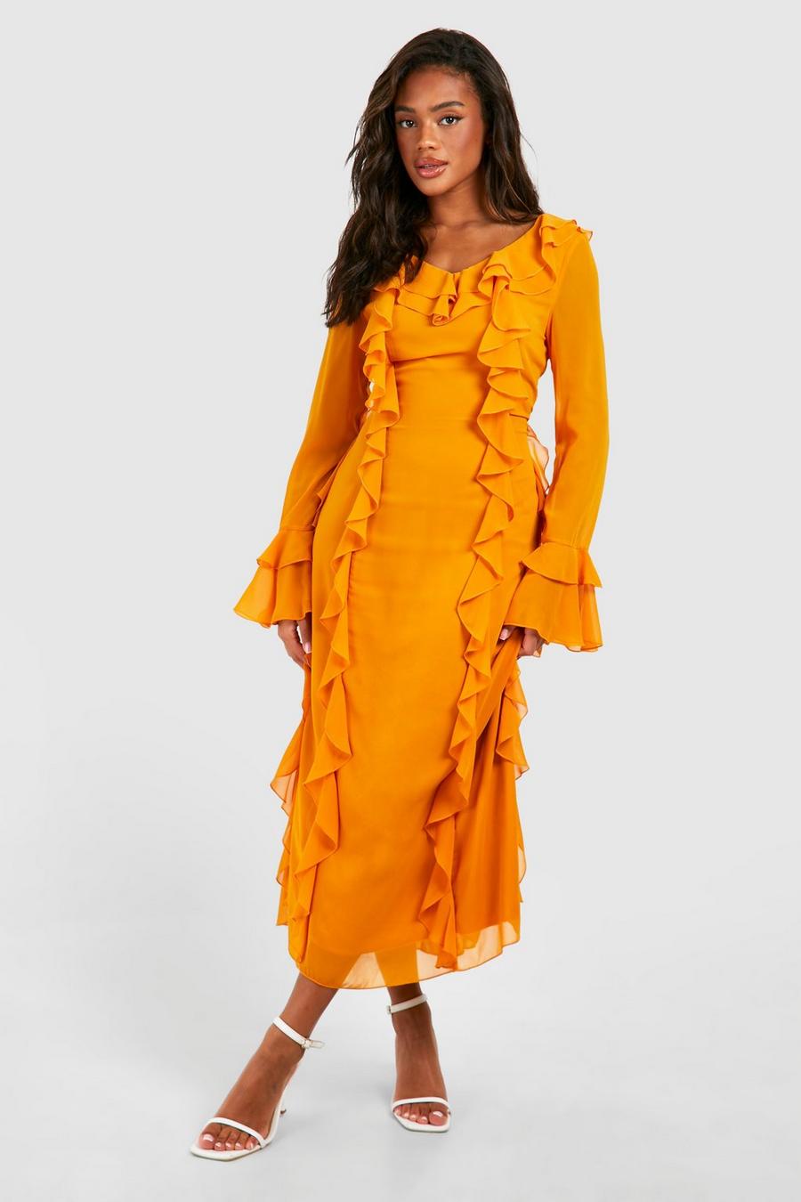 Orange Ruffle Detail Midi Dress image number 1