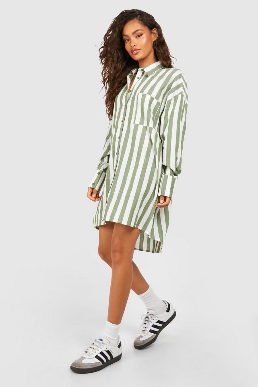Oversize Hemdkleid mit breiten Streifen, Olive image number 1