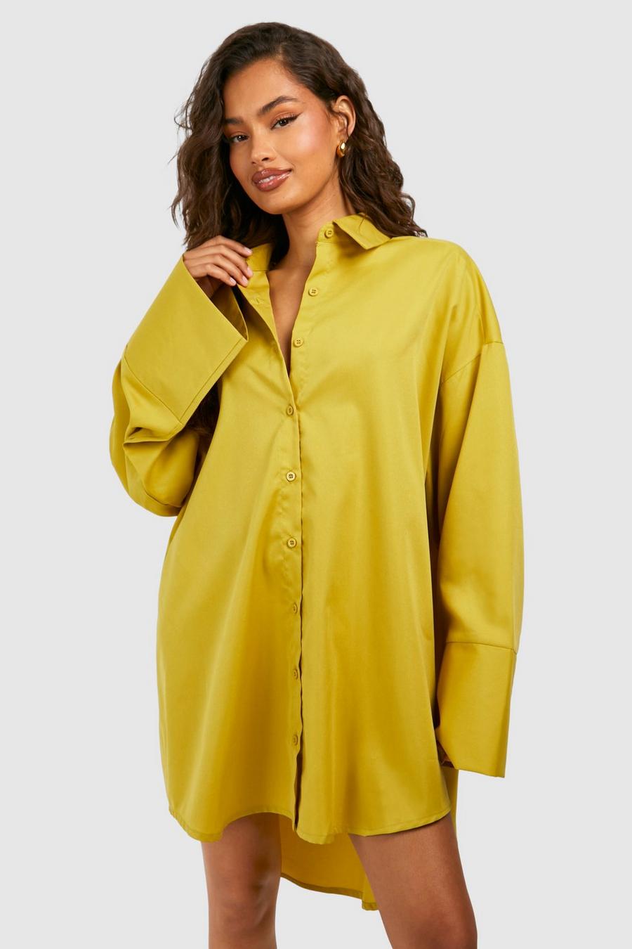 Olive Poplin Boxy Wide Sleeve Shirt Dress