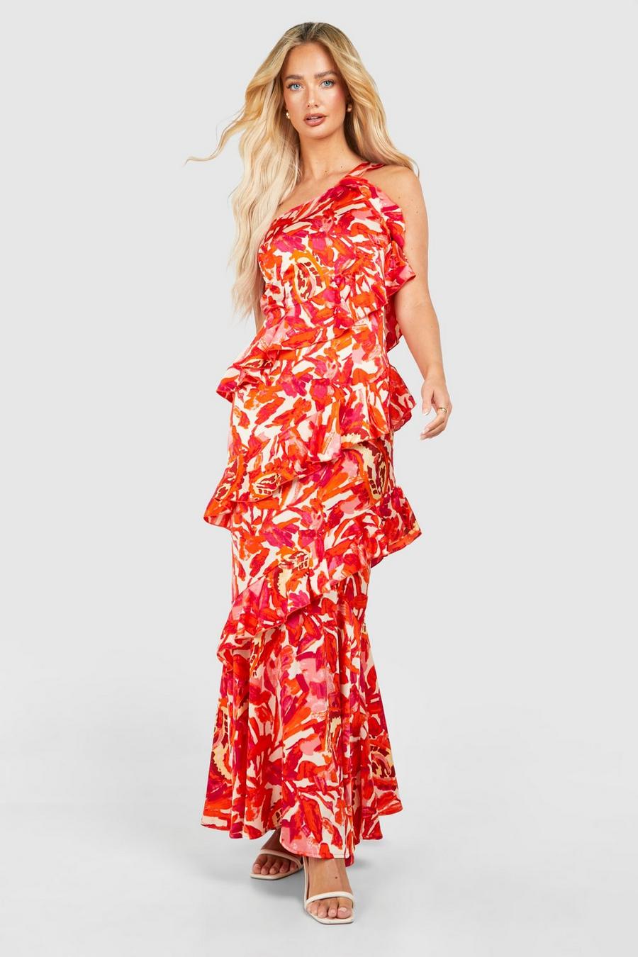 Pink Floral Print One Shoulder Ruffle Maxi Dress image number 1