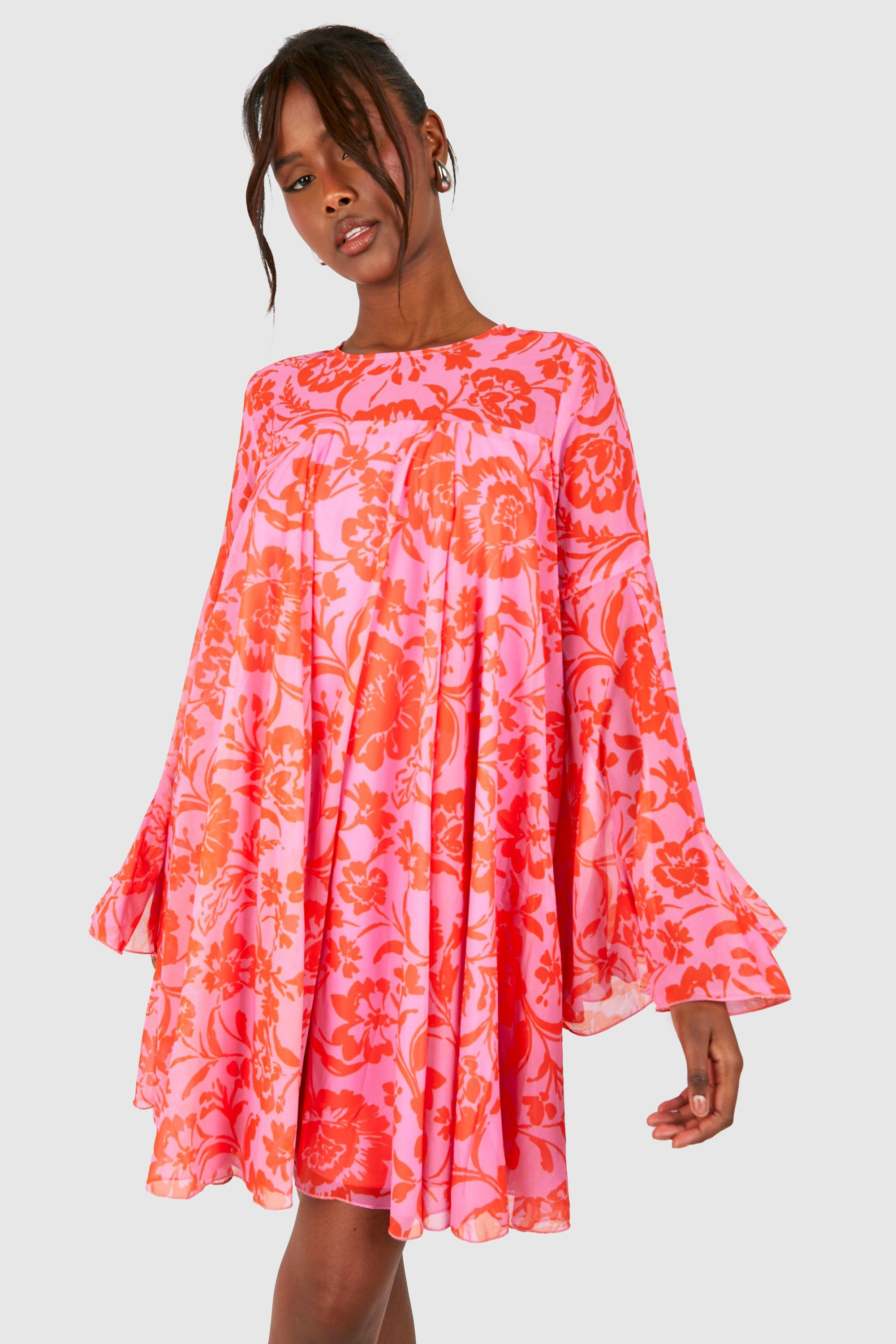 Floral Print Flared Sleeve Smock Dress boohoo NZ