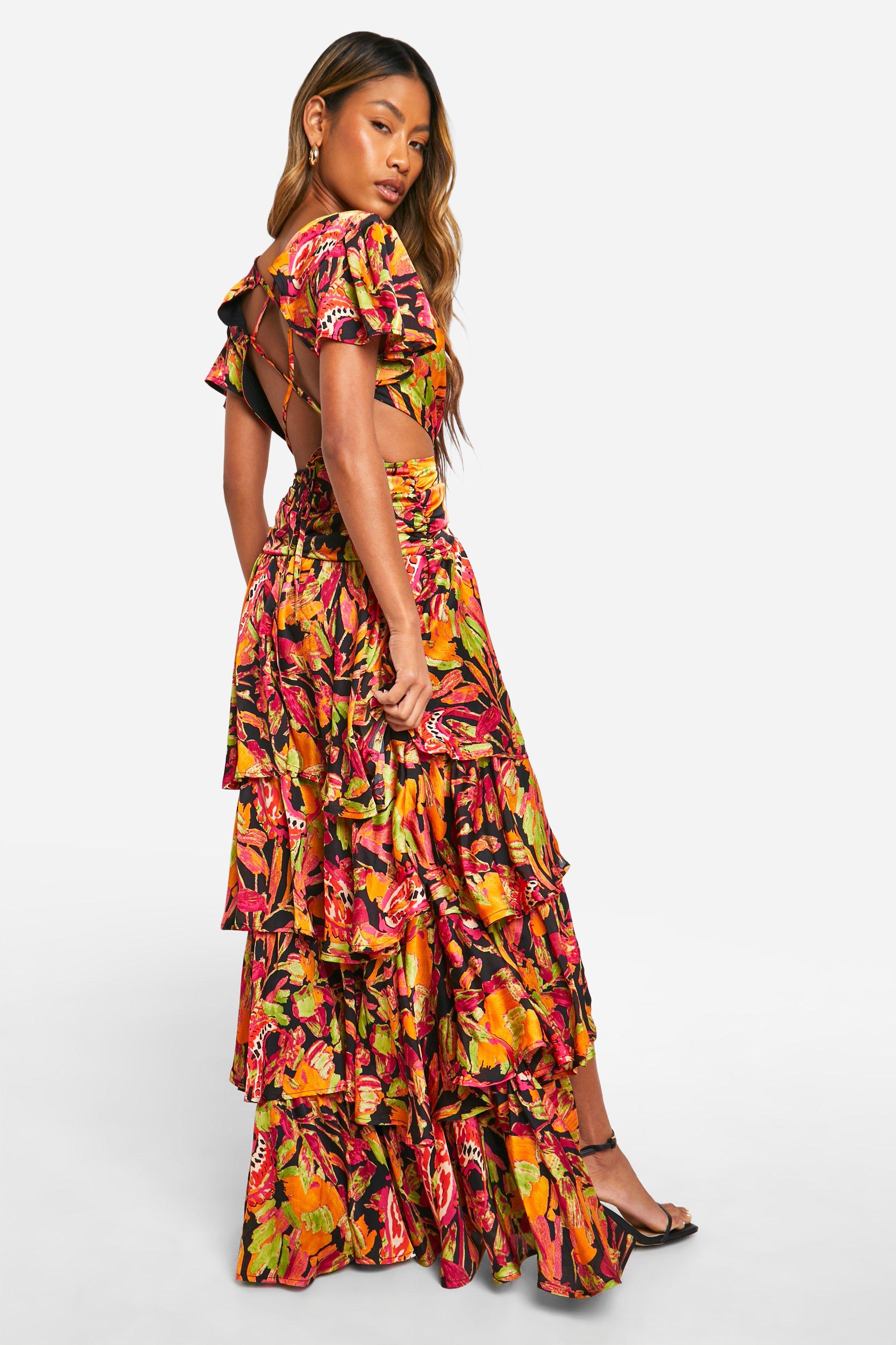 Vestito maxi con stampa balze arricciature e cut out boohoo IT