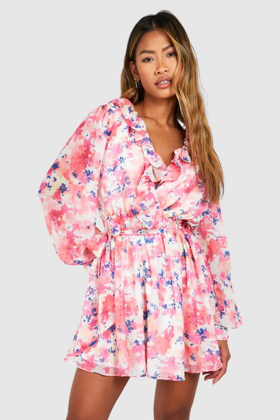 Pink Floral Print One Shoulder Ruffle Maxi Dress