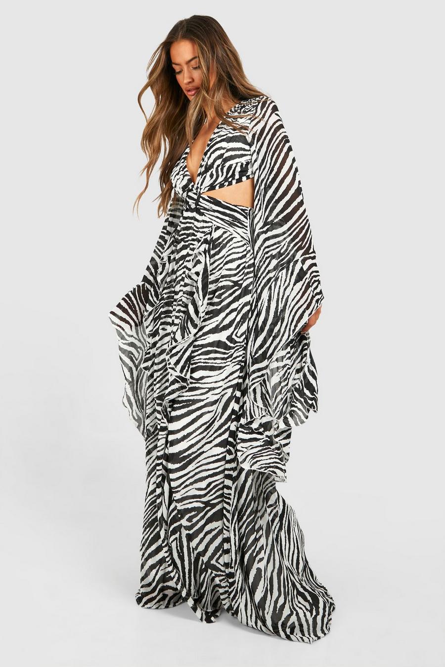 Vestito maxi in chiffon zebrato con cut-out, Black image number 1