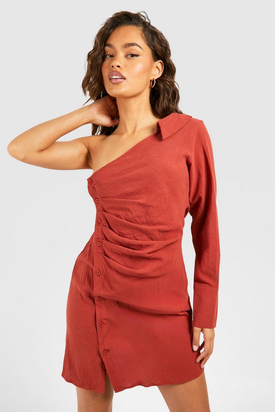 Rust Linen Asymmetric Rouched Shirt Dress image number 1