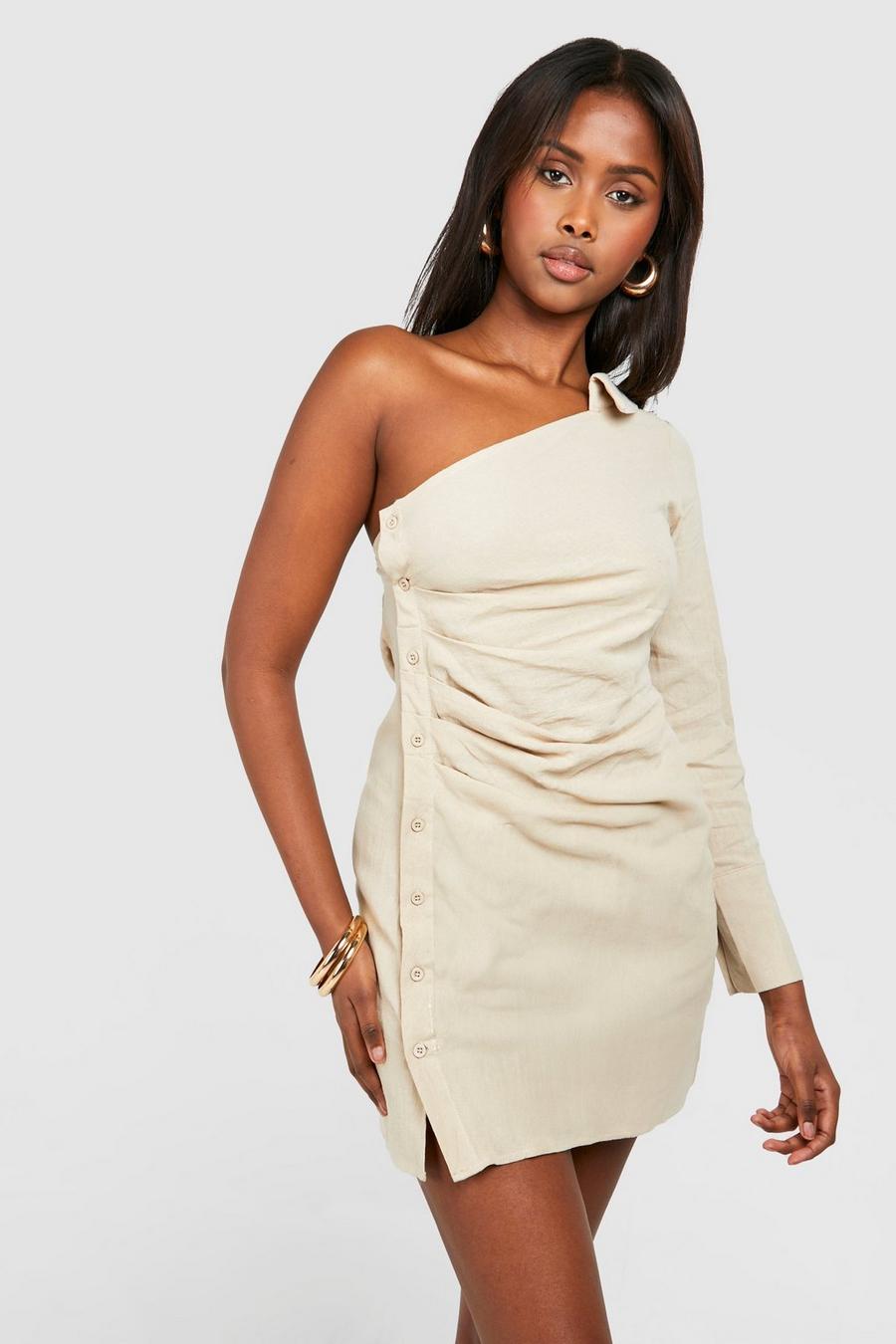 Stone Linen Asymmetric Rouched Shirt Dress image number 1