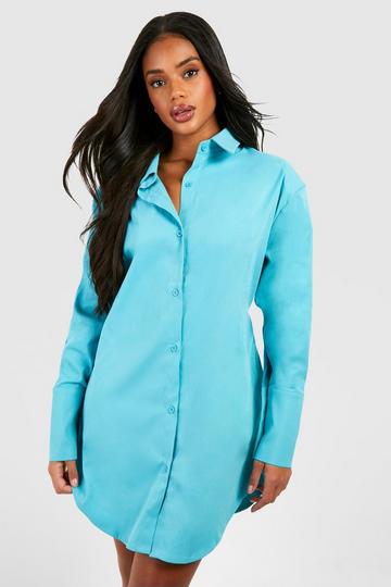 Poplin Cinched Waist Shoulder Pad Shirt Dress aqua