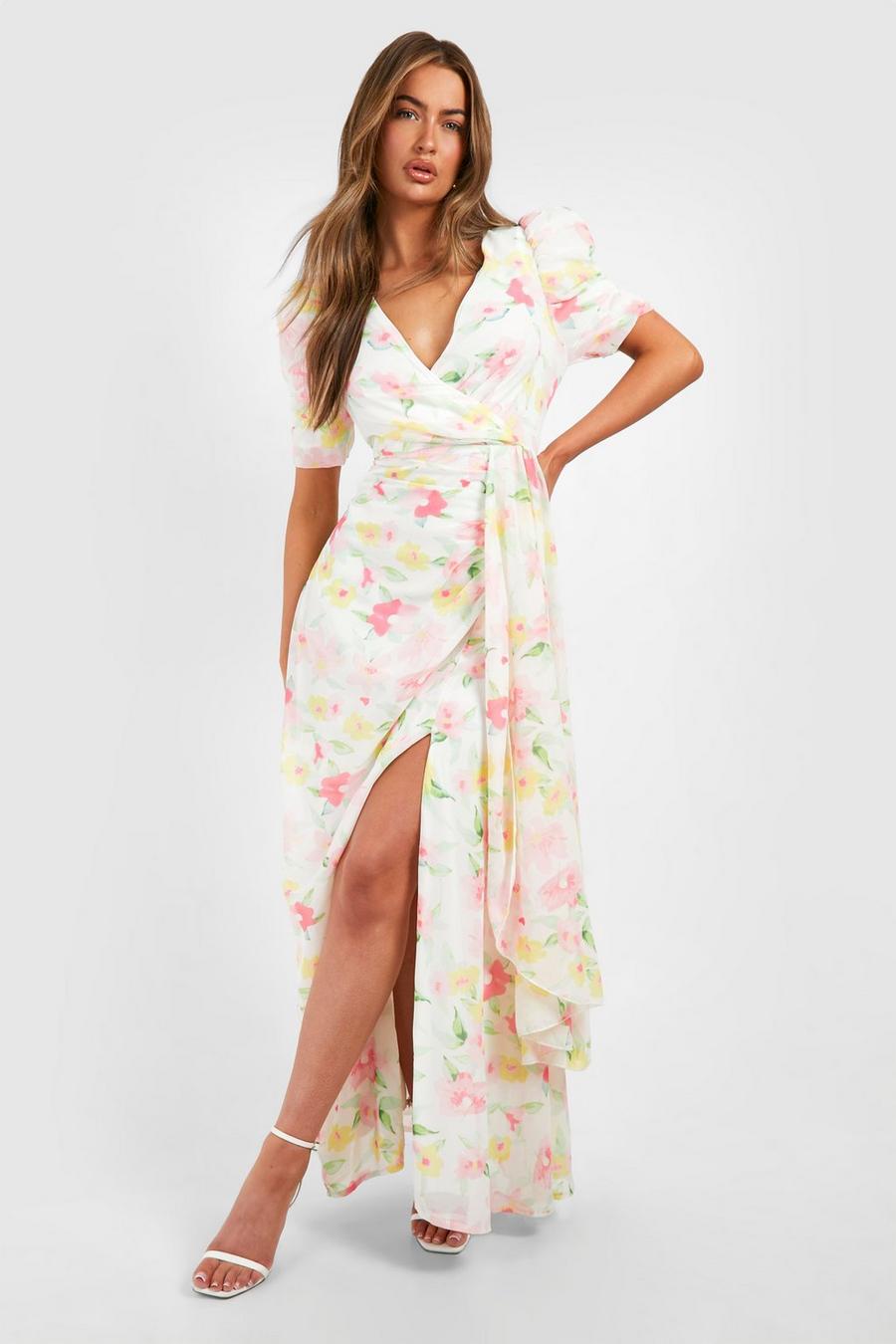 White Floral Print Drape Detail Maxi Dress