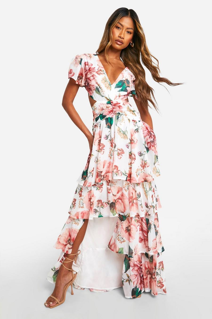 White Floral Ruffle Tiered Cut Out Maxi Dress image number 1
