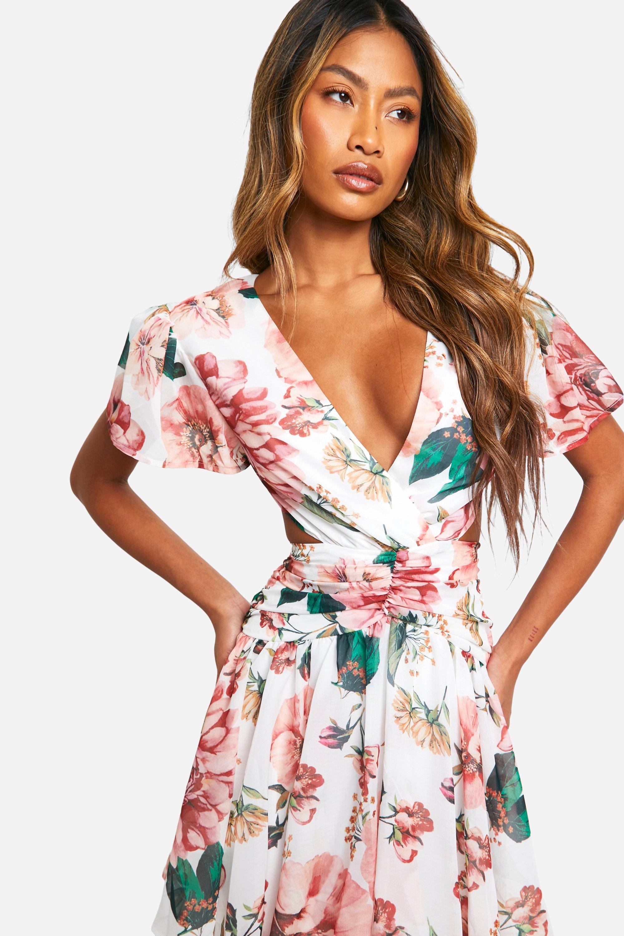 Boohoo Women s Floral Ruffle Tiered Cut Out Maxi Dress White