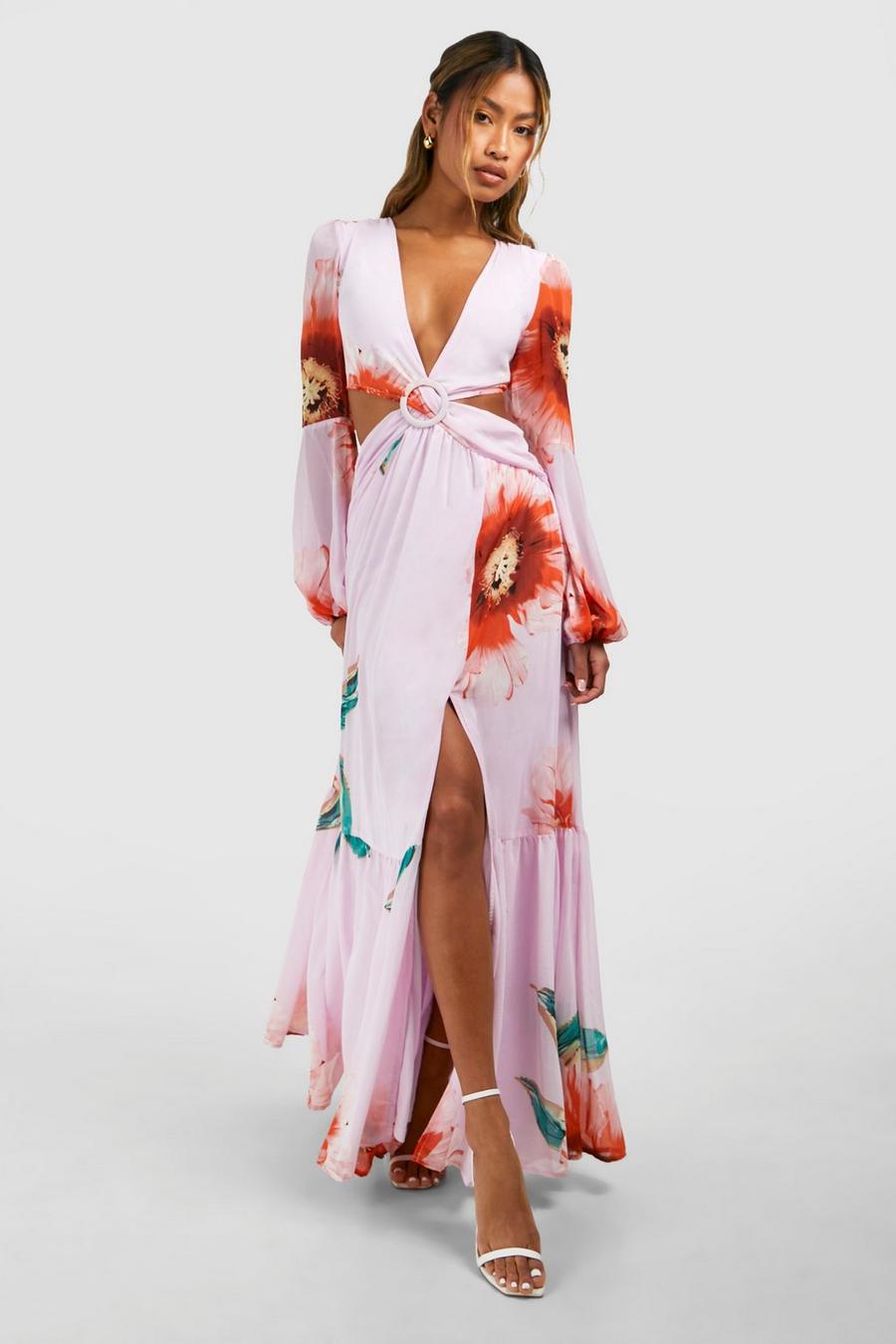 Pink Floral Print Cut Out Maxi Dress image number 1