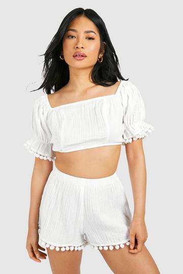 Petite Pom Pom Hem Short Co Ord white