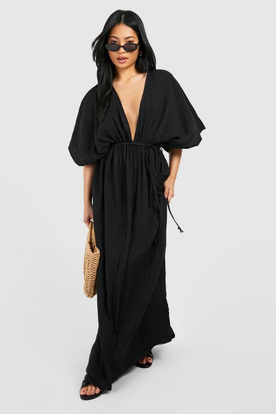 Black Petite Cheesecloth Robe Tie Maxi Dress image number 1