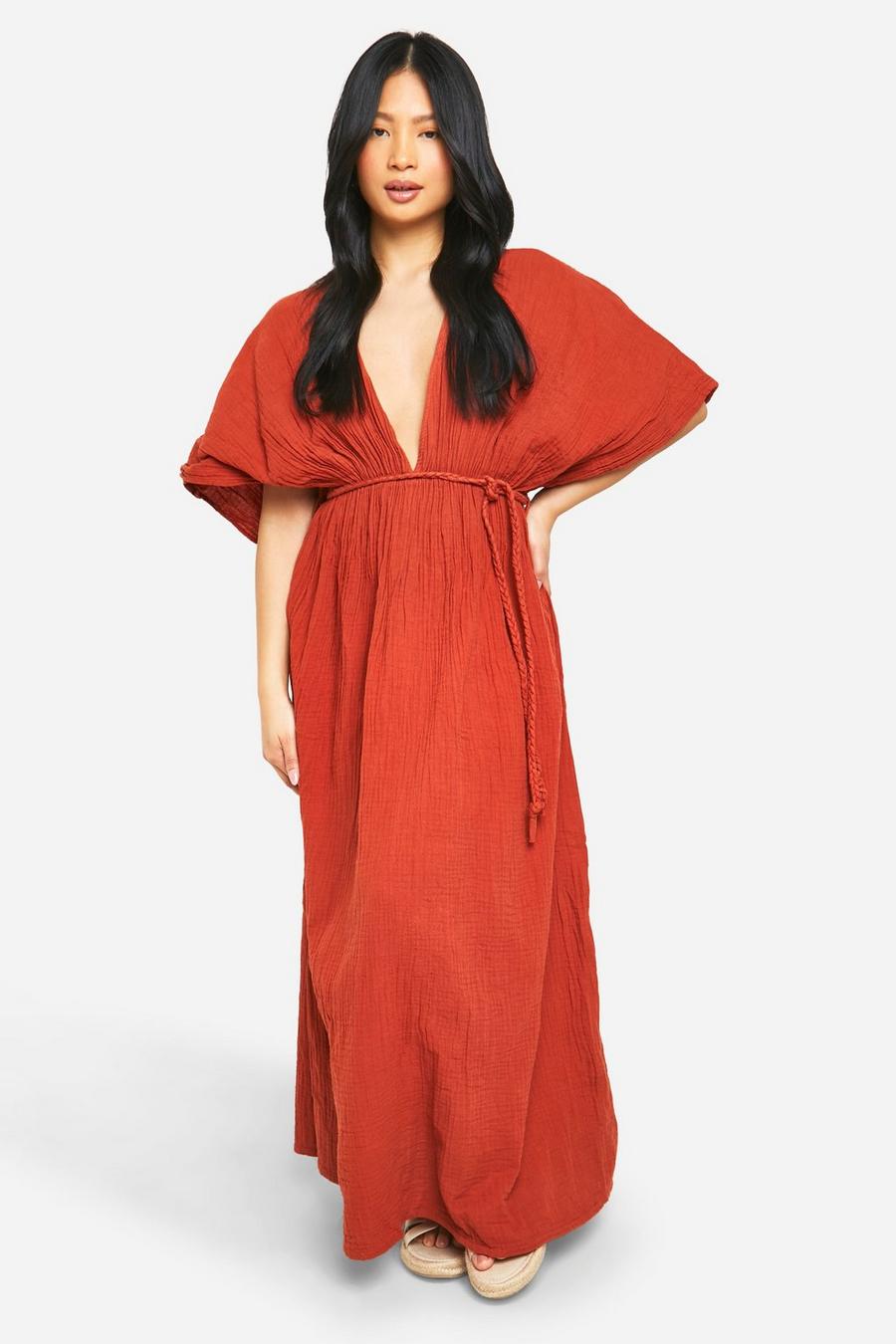 Terracotta Petite Cheesecloth Robe Tie Maxi Dress image number 1