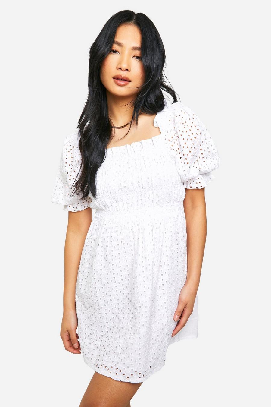 White Petite Broderie Puff Sleeve Shirred  Dress 