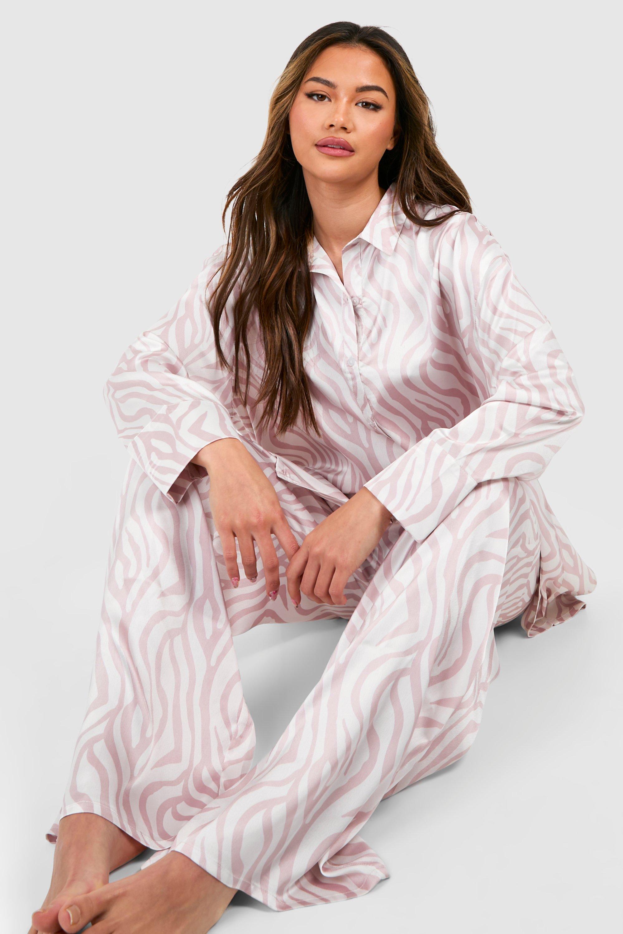 Boohoo Women s Oversized Tonal Zebra Print Satin Pyjama Set Pink