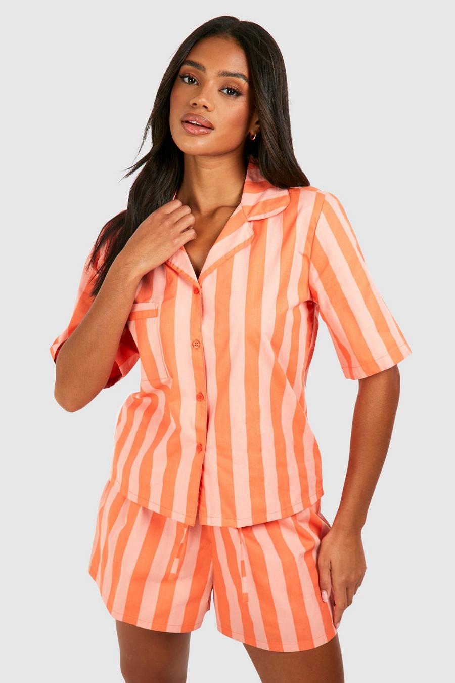 Cotton Poplin Tonal Stripe Short Sleeve Shirt, Coral