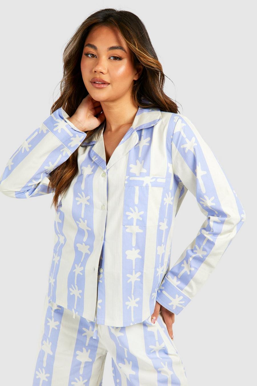 Baby blue Cotton Poplin Stripe Palm Print Long Sleeve Shirt