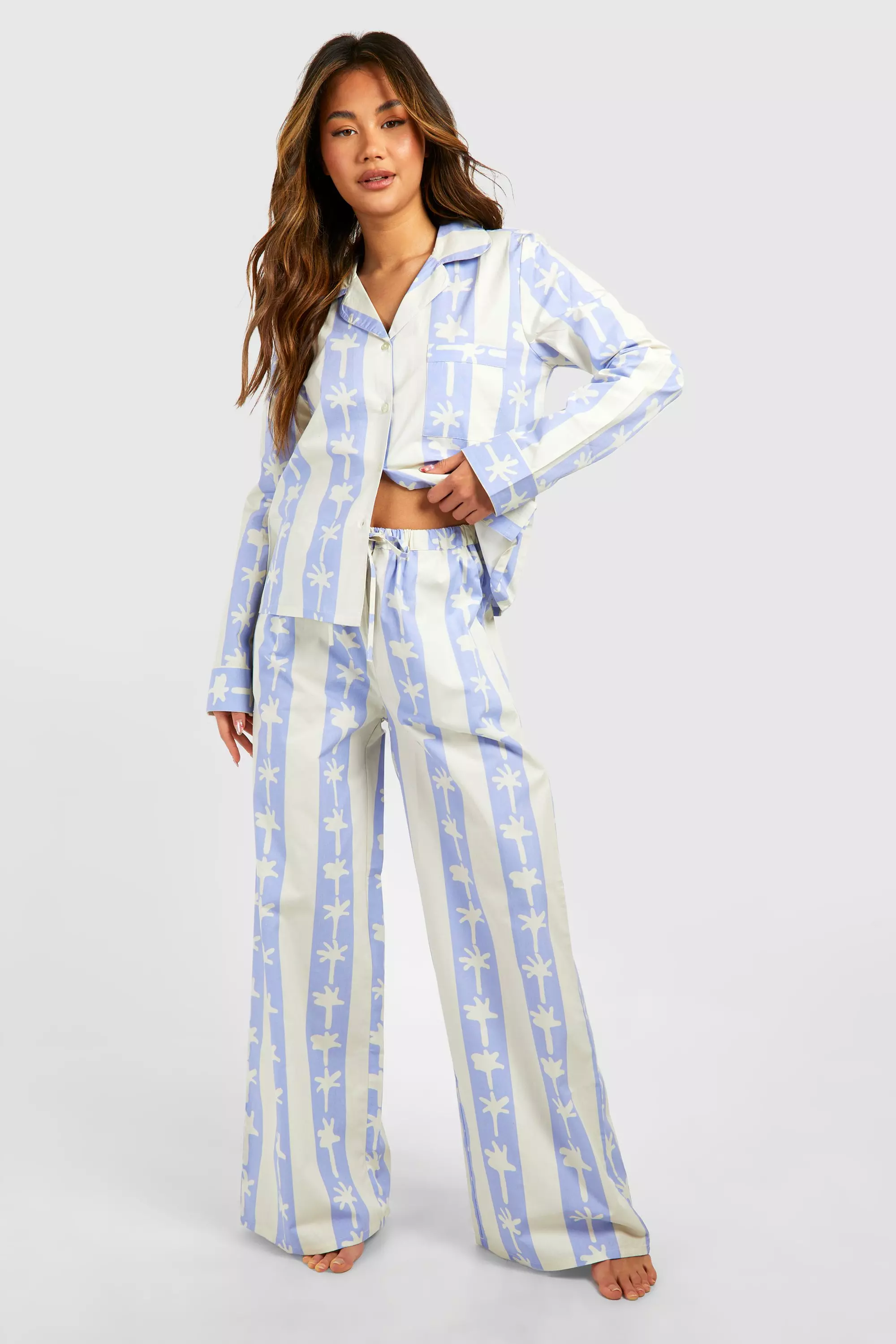Baby blue Cotton Poplin Stripe Palm Print Long Trouser alternative image