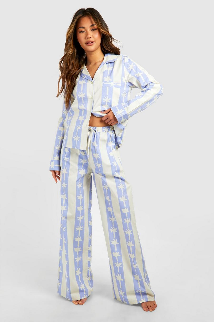 Pantalón largo de algodón popelina con rayas y estampado de palmeras, Baby blue image number 1