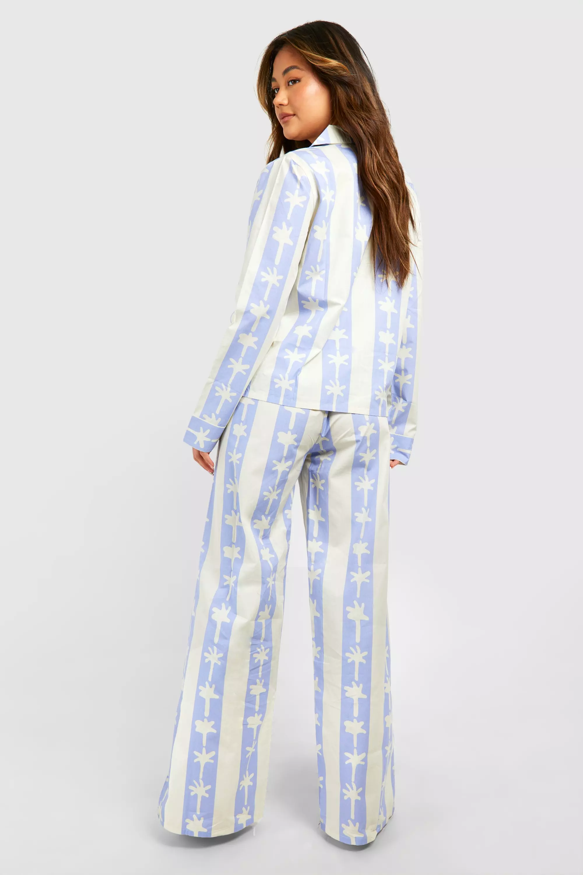 Baby blue Cotton Poplin Stripe Palm Print Long Trouser alternative image