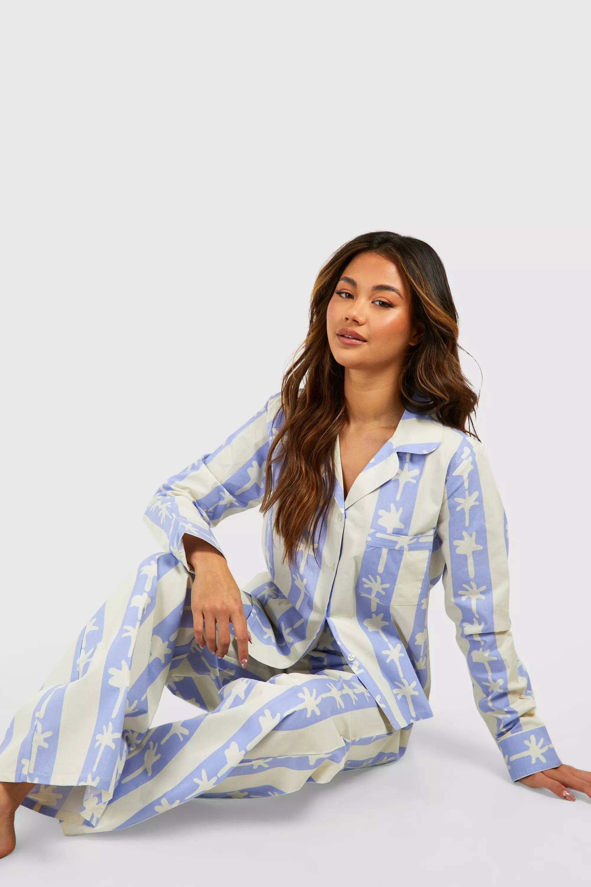 Baby blue Cotton Poplin Stripe Palm Print Long Trouser alternative image