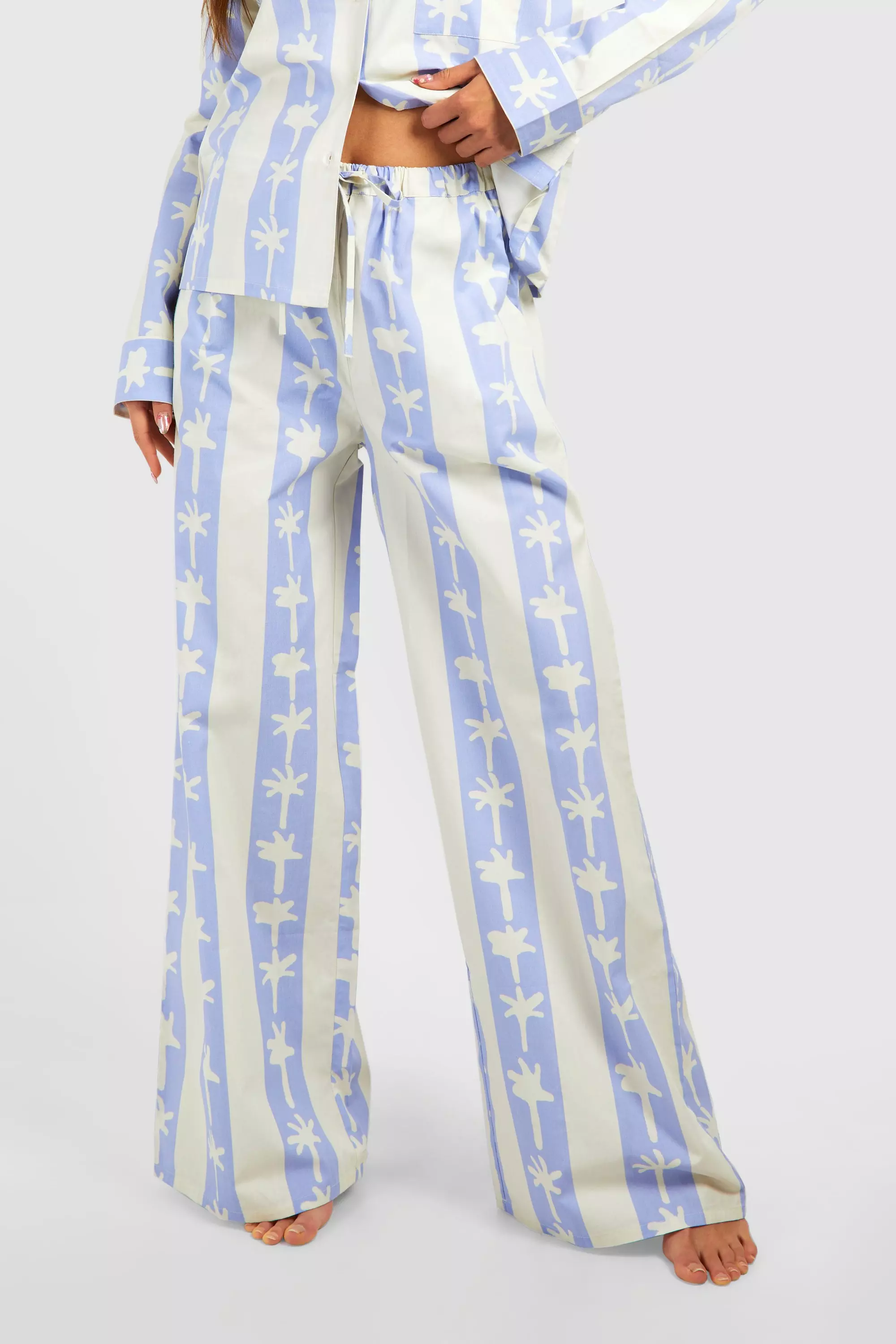 Baby blue Cotton Poplin Stripe Palm Print Long Trouser alternative image