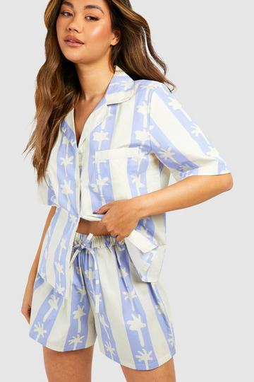 Blue Cotton Poplin Stripe Palm Print Shorts