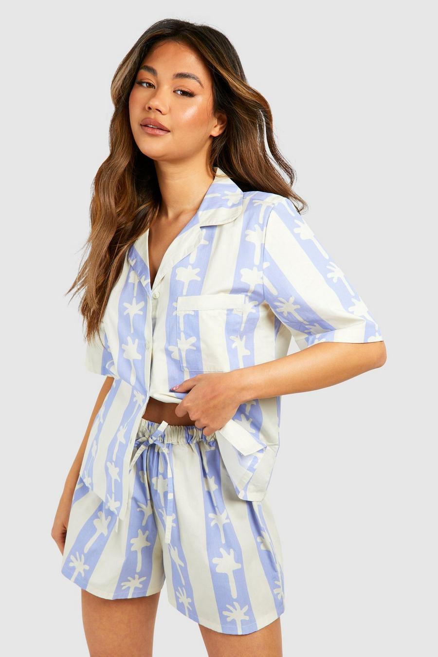 Baby blue Cotton Poplin Stripe Palm Print Short Sleeve Shirt