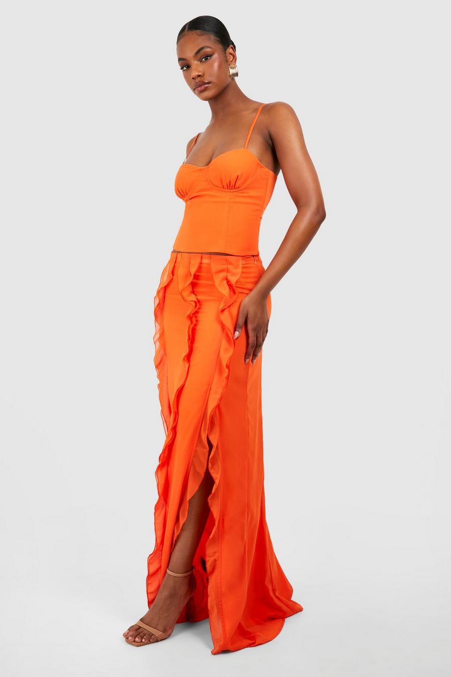 Orange Tall Chiffon Ruffle Detail Maxi Skirt  image number 1