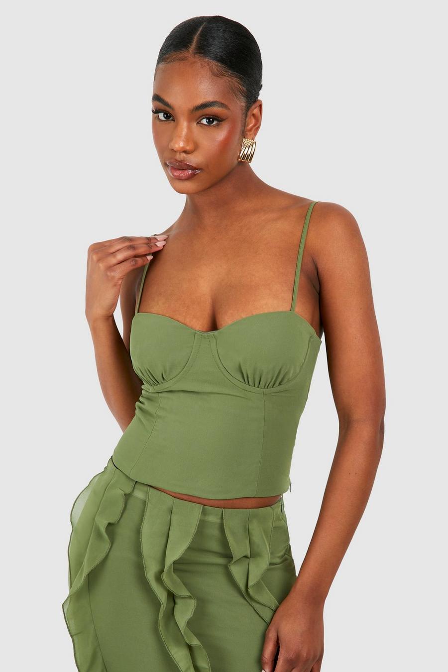 Top a corsetto Tall in chiffon, Khaki image number 1