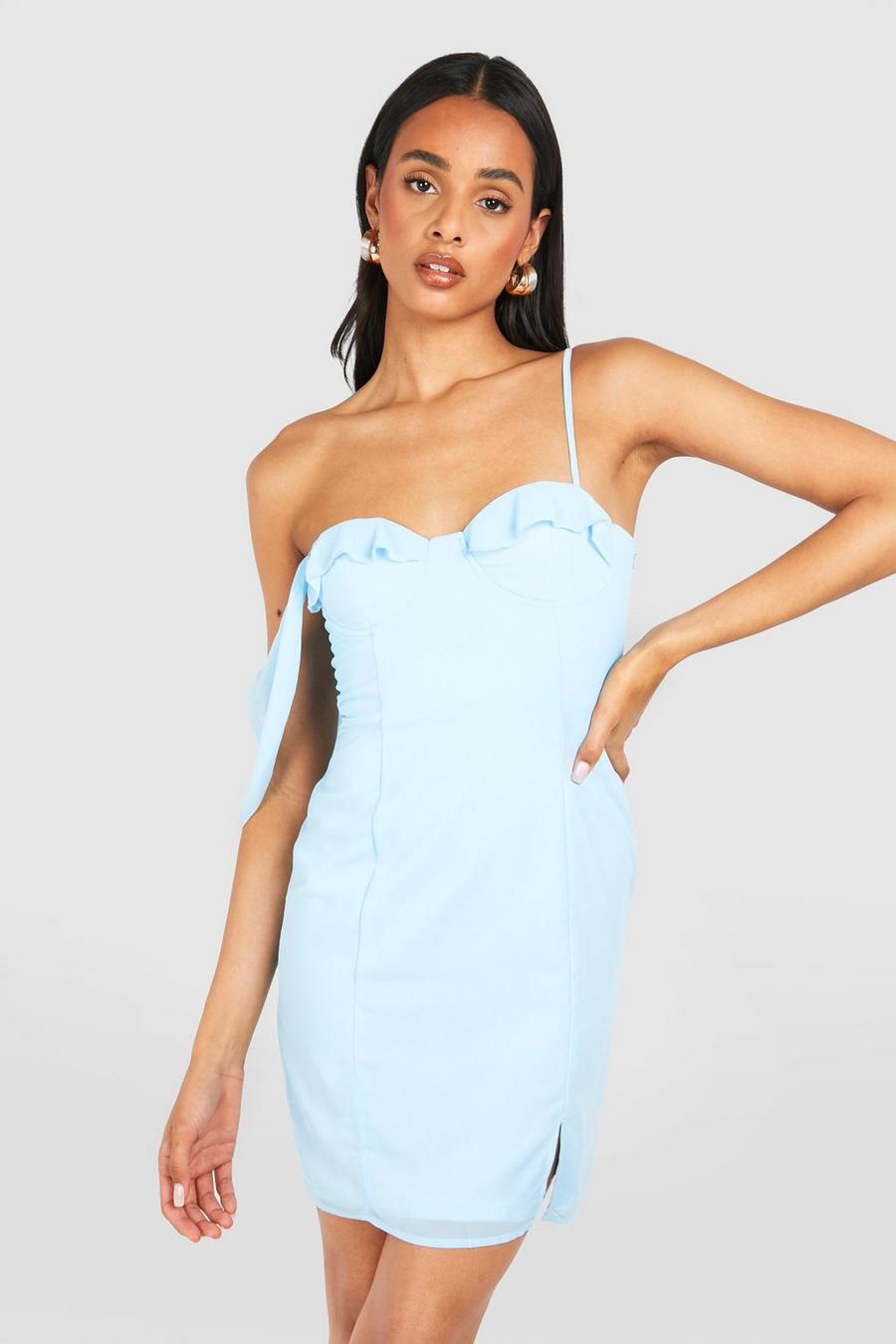 Baby blue Tall Chiffon Mini Jurk Met Ruches En Cup Detail image number 1