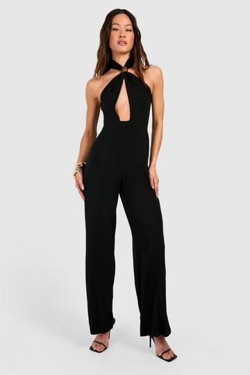 Black Tall Linen Look Gold Trim Halterneck Wide Leg Jumpsuit