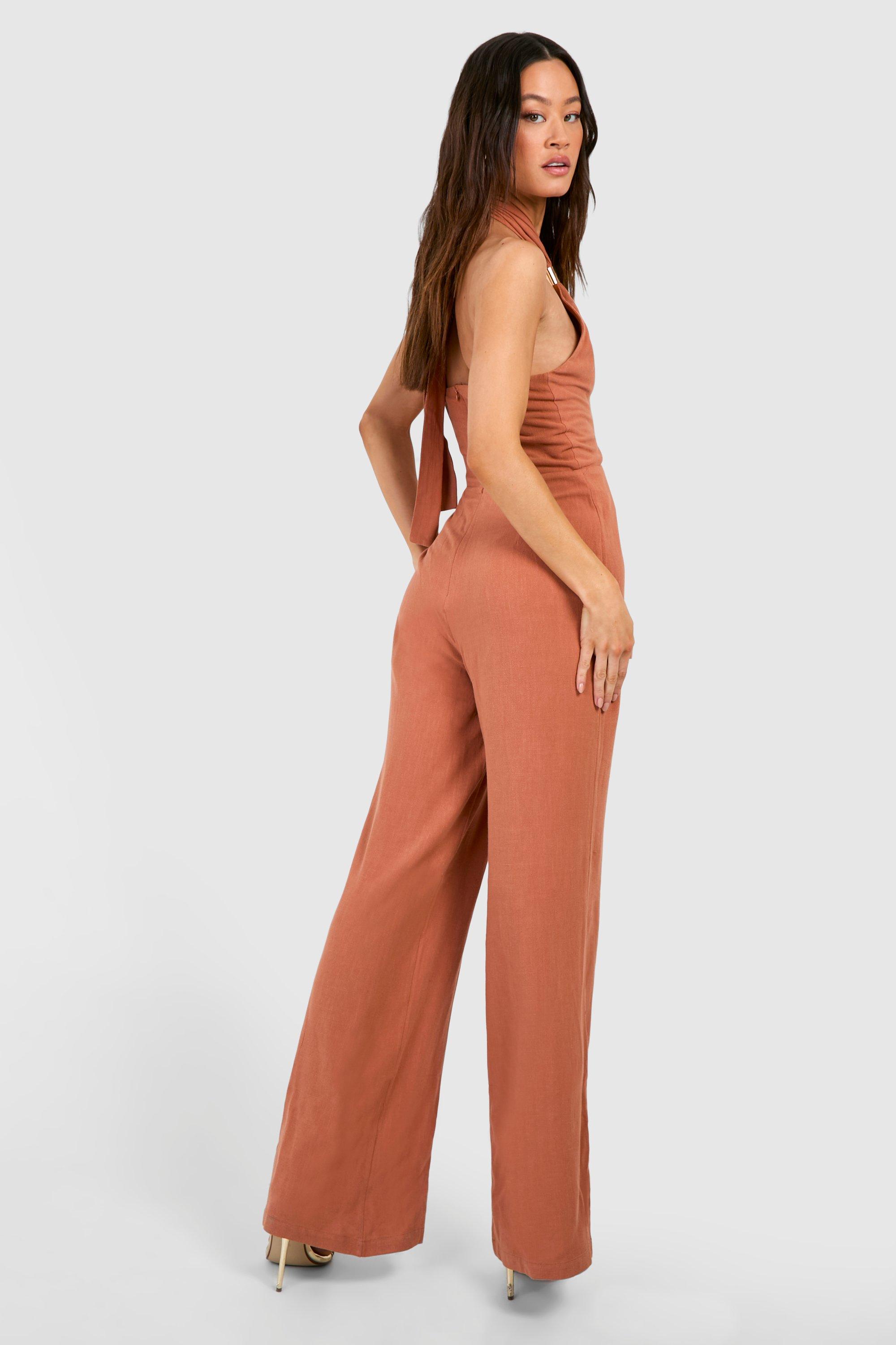 boohoo Tall Linen Gold Trim Halter Wide Leg Jumpsuit Orange Size 14