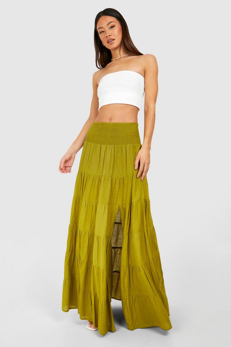 Khaki Tall Woven Tiered Maxi Skirt image number 1