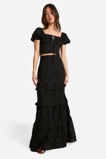 Tall Broderie Tiered Maxi Skirt black