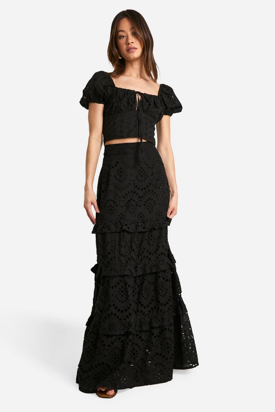 Black Tall Broderie Tiered Maxi Skirt  image number 1