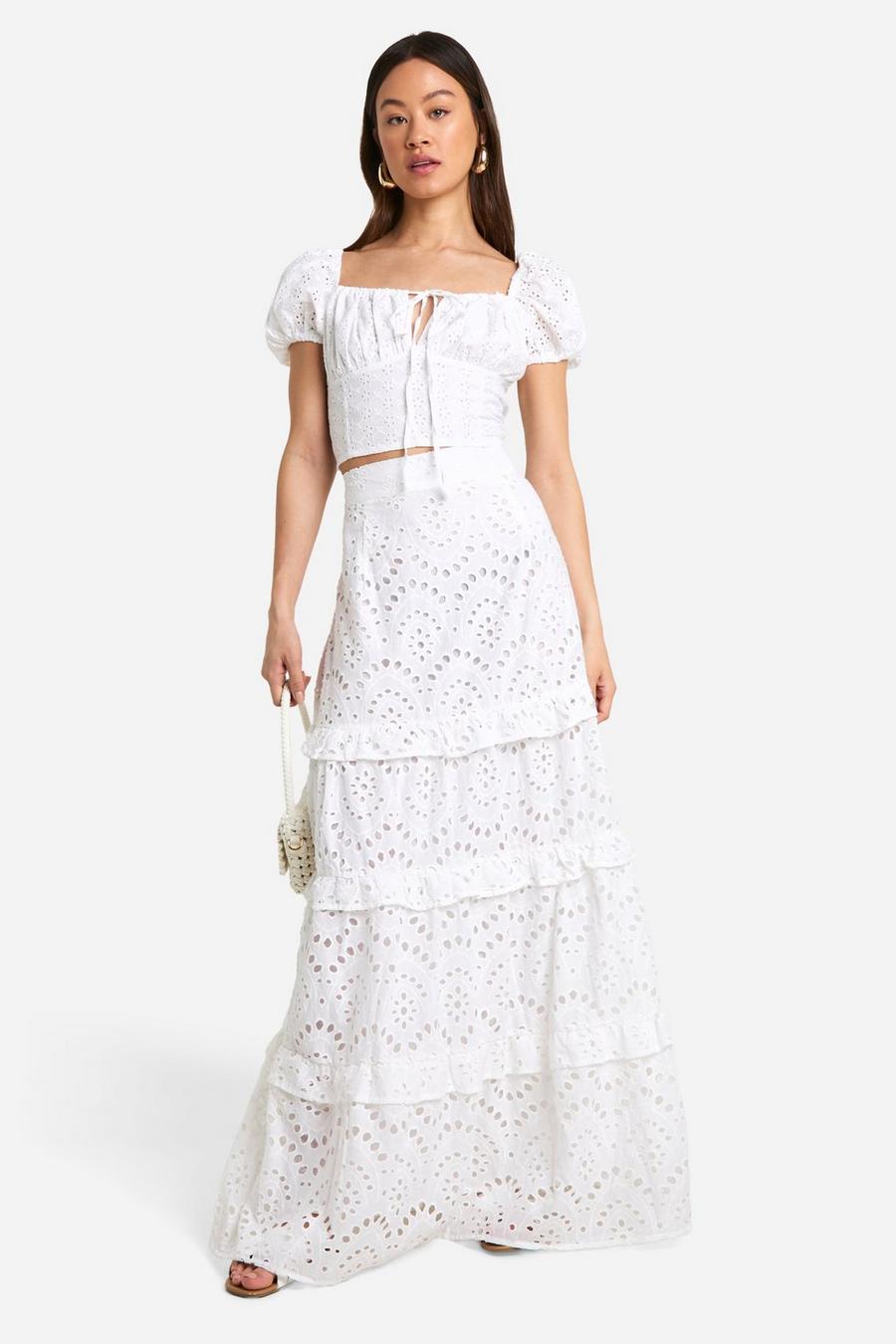 Gonna maxi Tall in pizzo sangallo con balze, White image number 1
