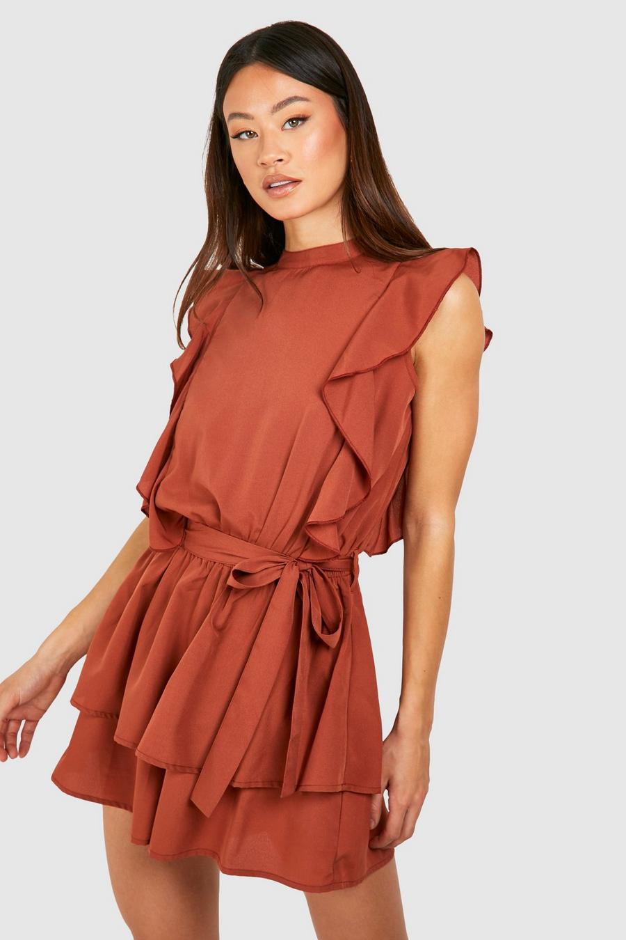 Tall Woven Ruffle Flippy Playsuit , Rust