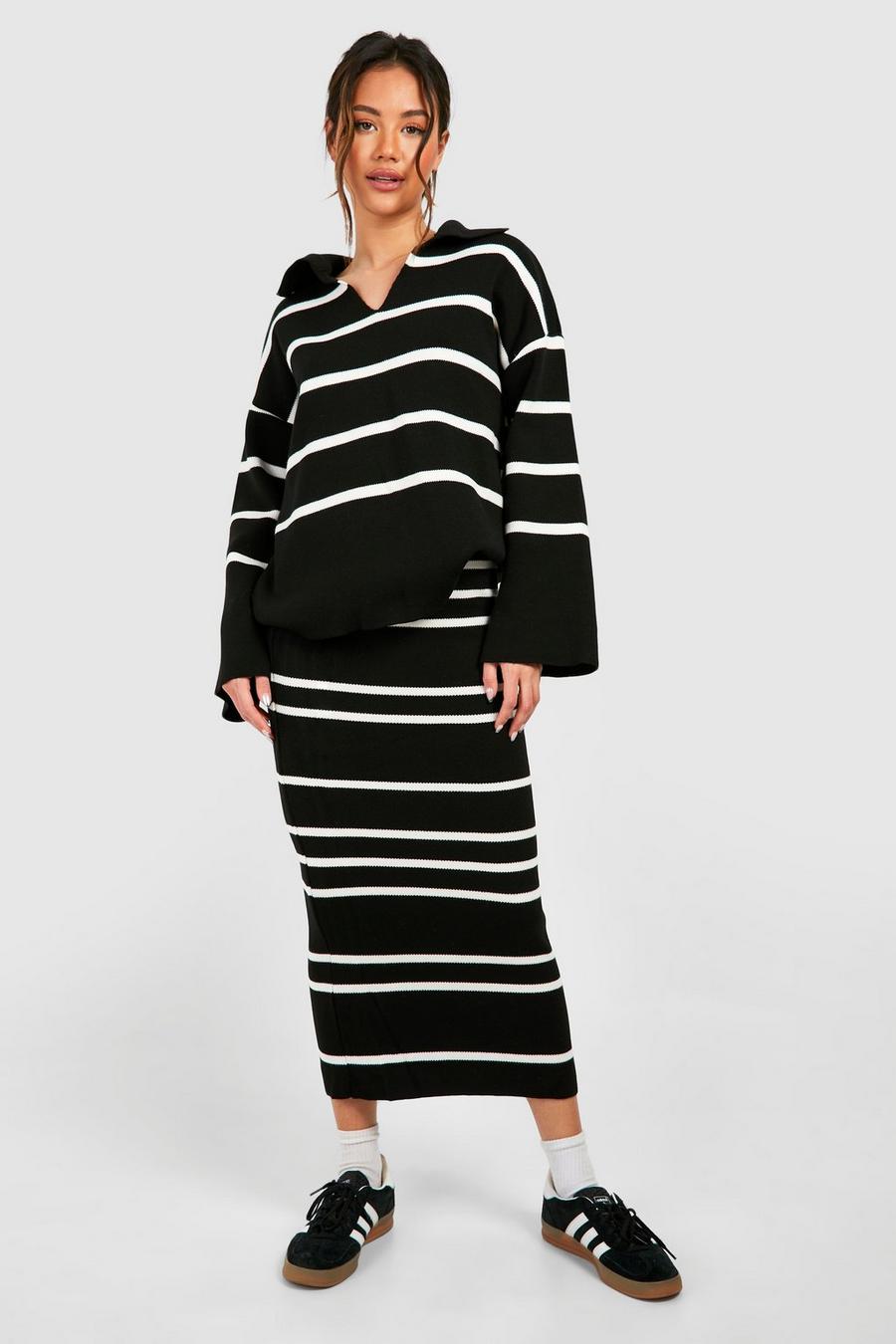 Black Fine Gauge Stripe Collaed Jumper And Skirt Knitted Set