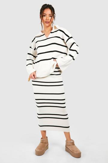 Fine Gauge Stripe Collaed Jumper And Skirt Knitted Set white
