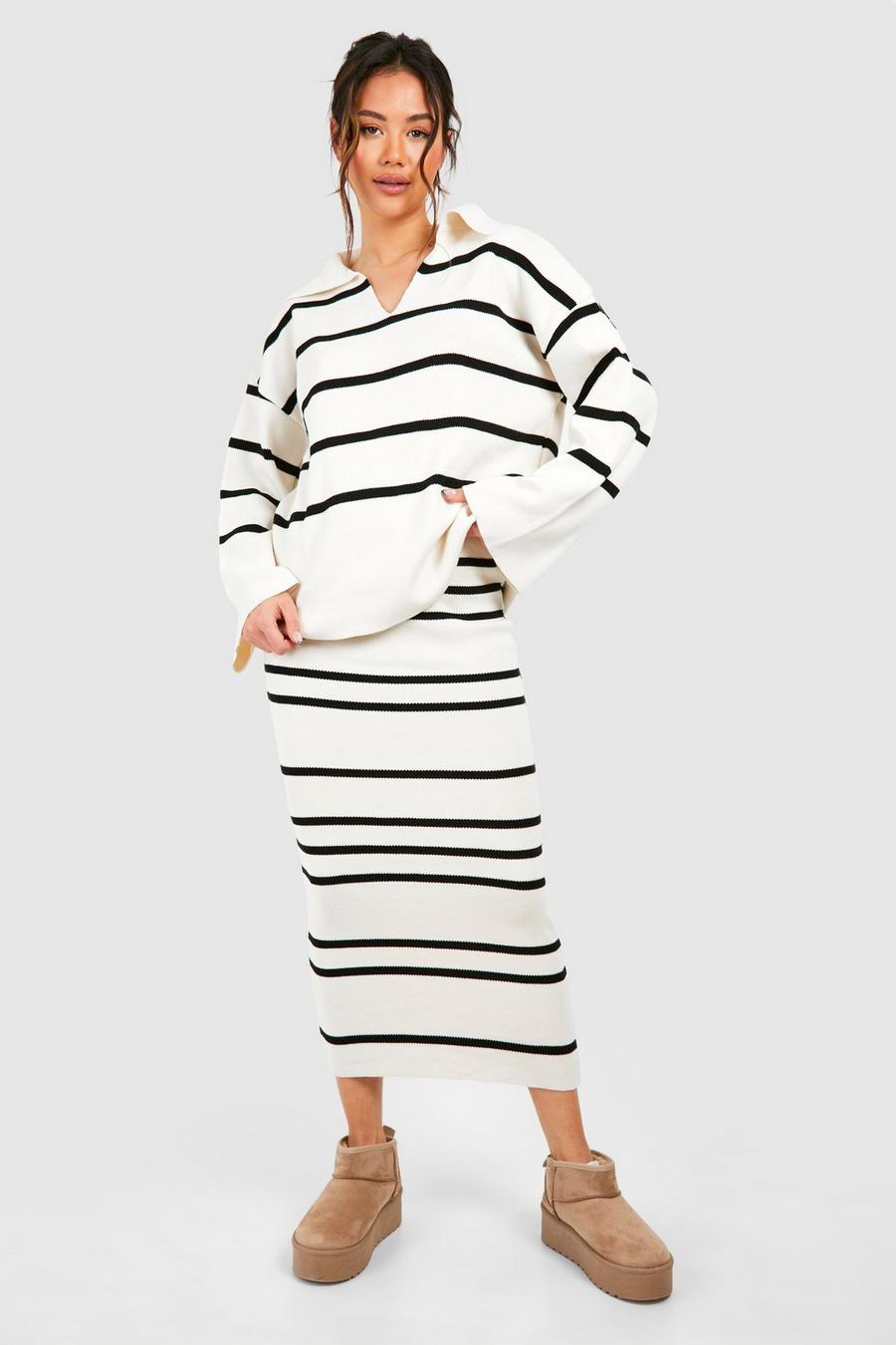 White Fine Gauge Stripe Collaed Sweater And Skirt Knitted Set