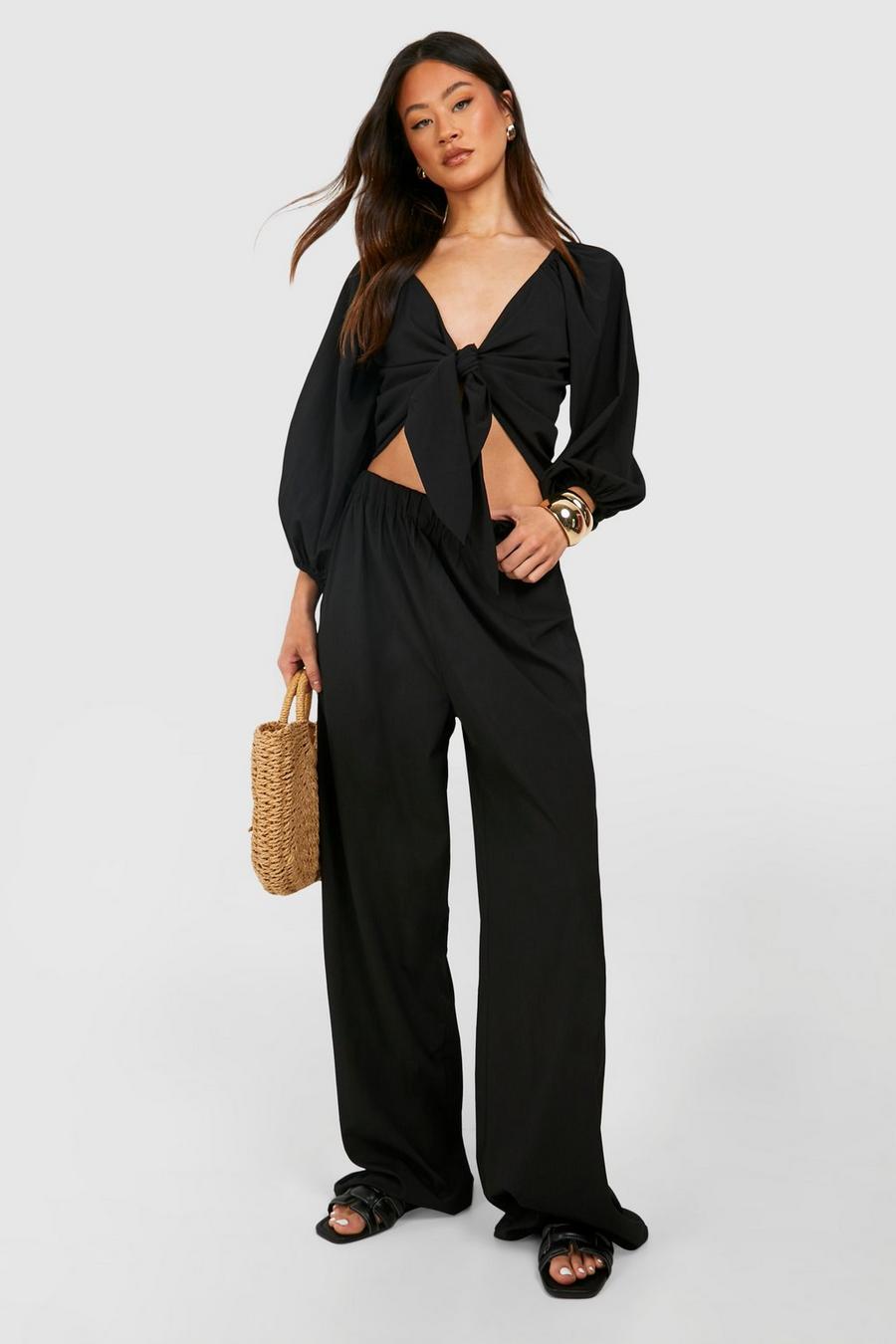 Black Tall Beach Crinkle Wide Leg Trousers image number 1