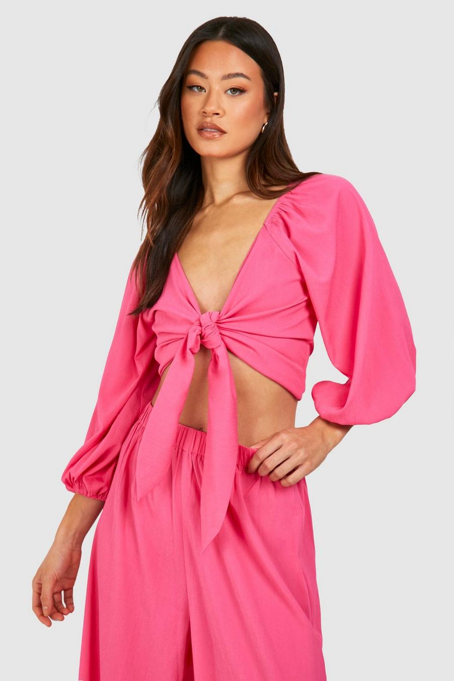 Magenta pink Tall Beach Crinkle Tie Front Puff Sleeve Top