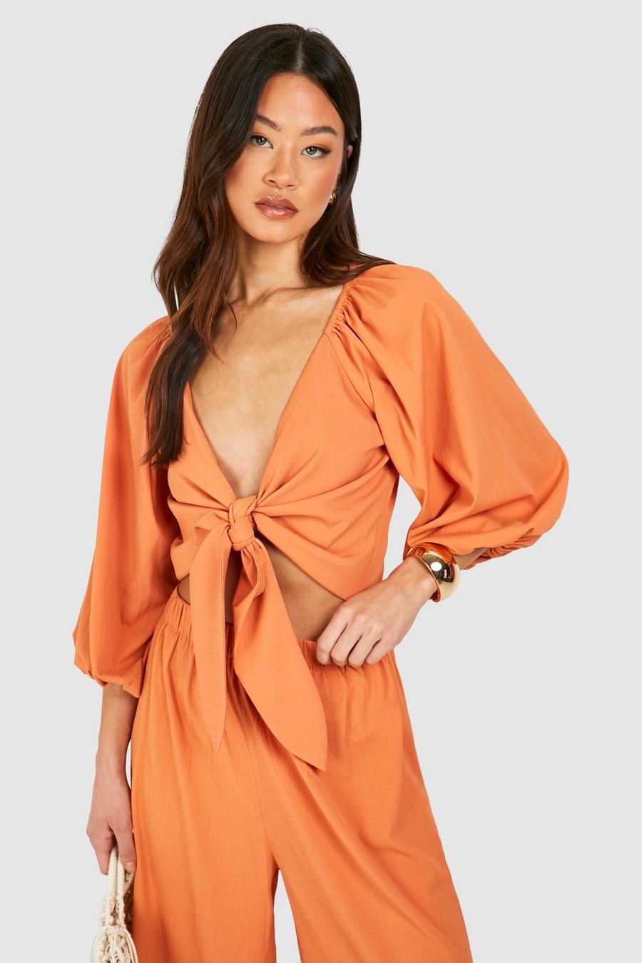 Rust Tall Beach Crinkle Tie Front Puff Sleeve Top image number 1