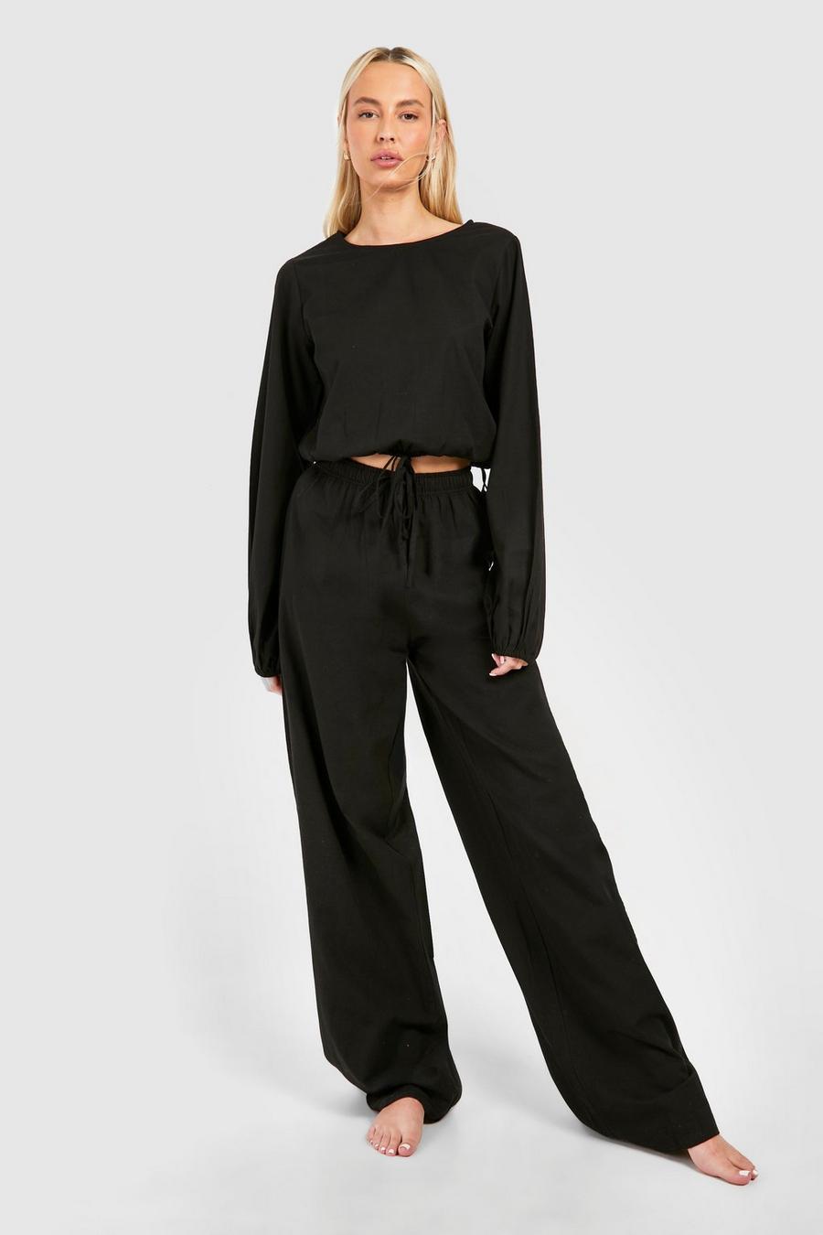 Black Tall Beach Pants And Puff Sleeve Top Two-Piece image number 1