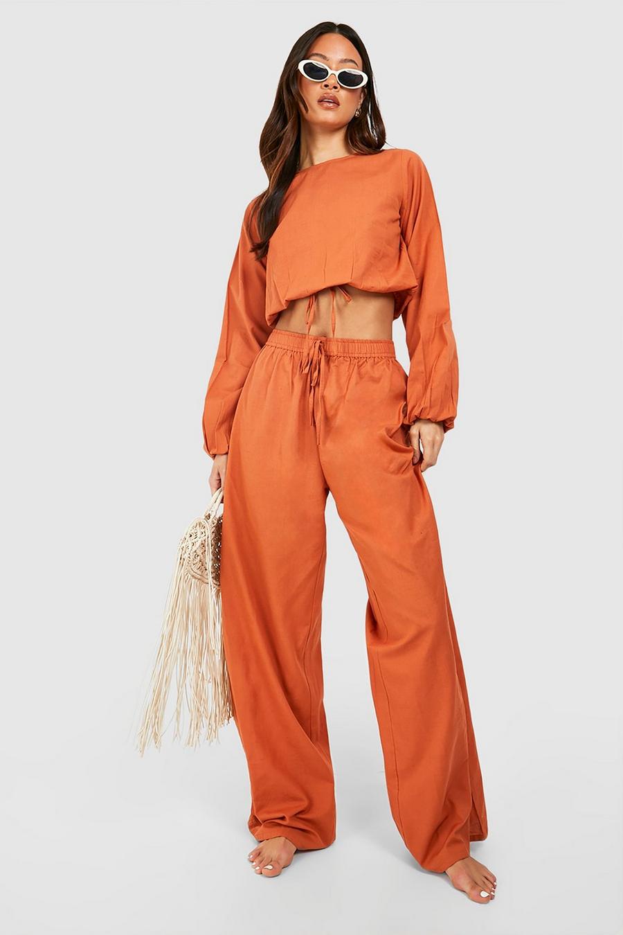 Rust Tall Beach Trouser And Puff Sleeve Top Co-ord image number 1