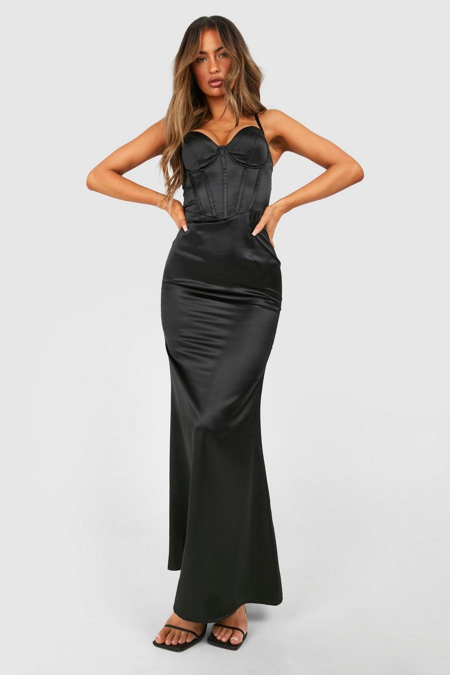 Black Satin Corset Strappy Maxi Dress image number 1